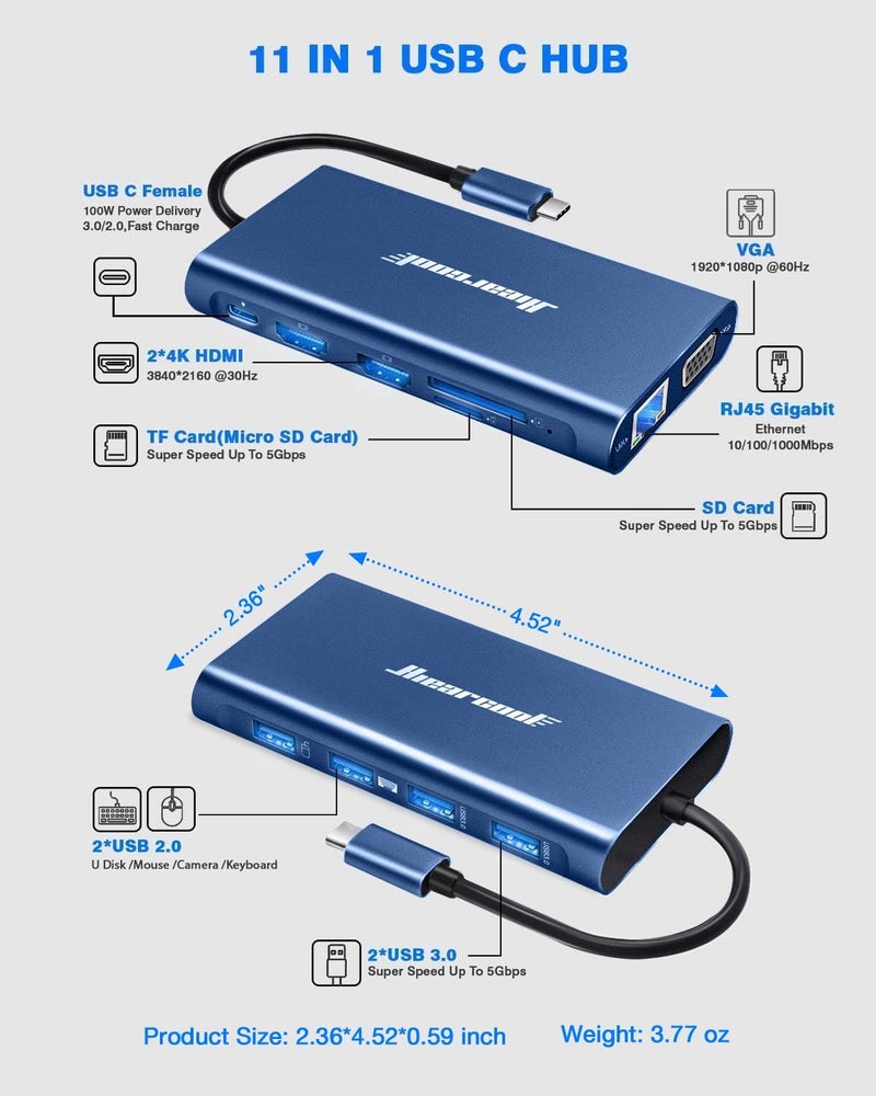 Hiearcool USB C Docking Station Dual Monitor, 11 in 1 Triple Display USB C Laptop Docking Station with 2 HDMI VGA, Type C Dongle Dock Compatible for Thunderbolt 3 4 Laptops - Image 2